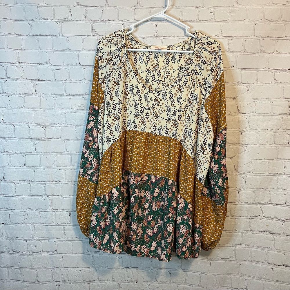 Orange and Green Long Sleeve Boxy Blouse